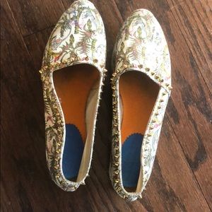 Louboutin Melides Ivory Canvas Gold Studs Flats